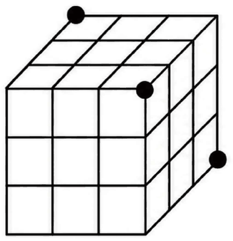 小さな立方体を3×3×3に積んだ直方体と、切断面を通る3つの点